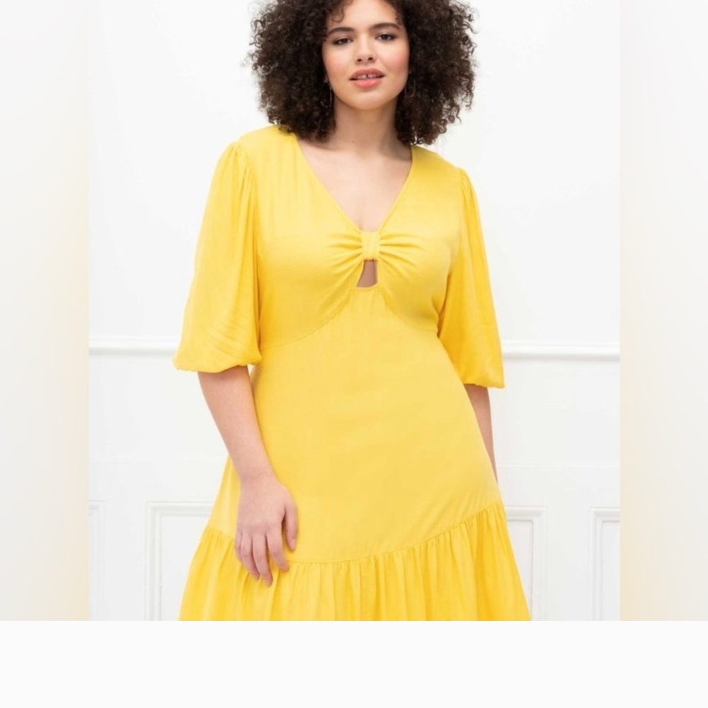 Yellow Ruched Flutter Sleeve Midi Sundress